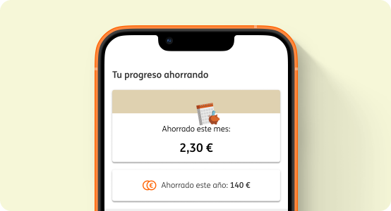 Ilustración de una pantalla de móvil con la app de ING y el texto tu progreso ahorrando