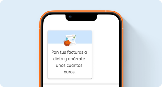 Ilustración de la pantalla de un móvil con la app de ING con el texto pon tus facturas a dieta y ahórrate unos cuantos euros