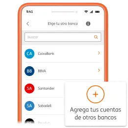 Ilustración de la pantalla de un móvil con la app de ING y la funcionalidad de añadir otros bancos