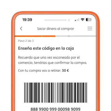 Pantalla app ING para sacar dinero al comprar