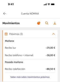 Mockup app ING con la vista de los movimientos en Cuenta NÓMINA