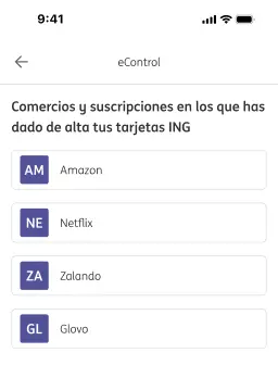 Mockup app ING con la vista de las suscripciones en econtrol