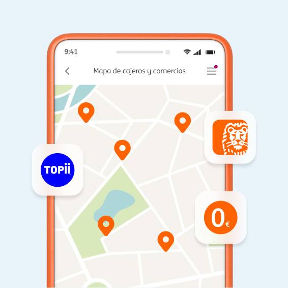 Imagen de un móvil con un mapa de cajeros para clientes de ING