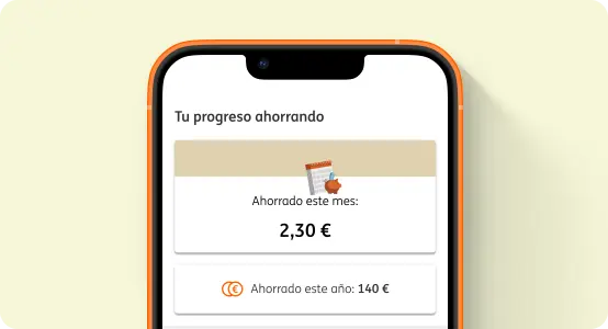 Ilustración de una pantalla de móvil con la app de ING y el texto tu progreso ahorrando