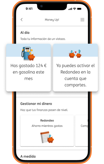 Ilustración Iphone de la app de ING mostrando el Money Up y el día a día del cliente con los gastos
